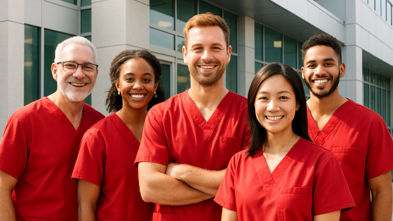 Have 5 People in scrubs standing with each other in front of a building smiling and wearing red scrubs